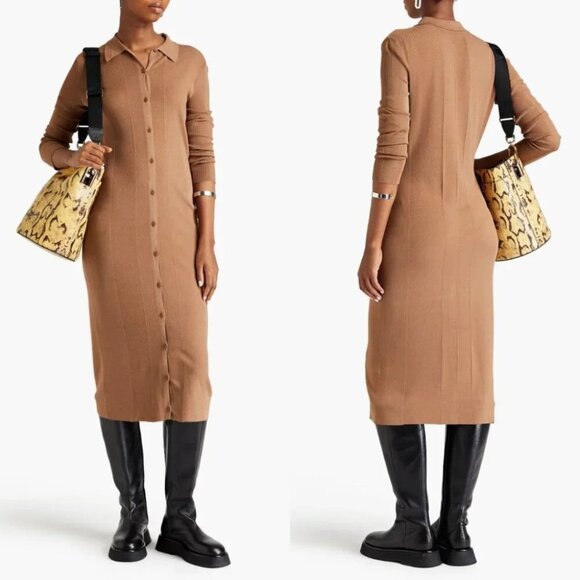 Rag & Bone Pacey Button Down Midi Dress Ribbed Knit in Light Brown size XXS - Picture 1 of 8